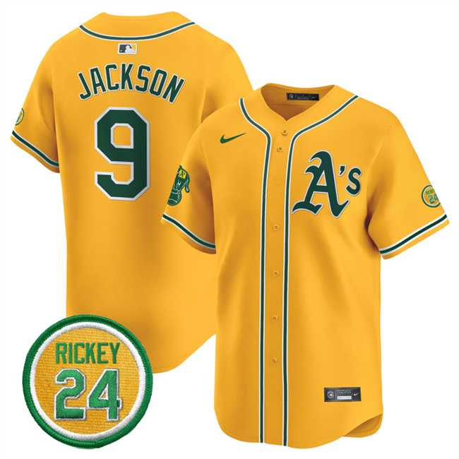 Mens Oakland Athletics #9 Reggie Jackson Yellow 2024 Limited With Rickey Henderson Patch Stitched Jersey Dzhi